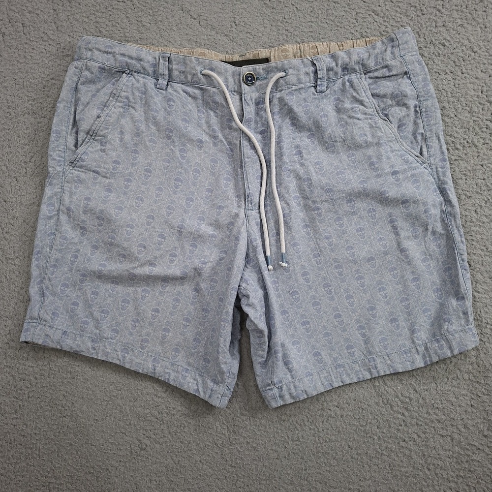 Robert Graham Mens Blue Linen Blend Skull Print Drawstring Chino Shorts Size 37